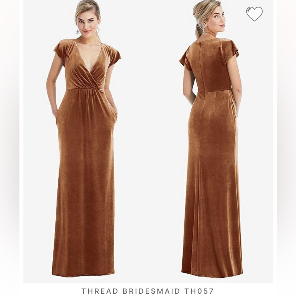 FLUTTER SLEEVE WRAP BODICE VELVET MAXI DRESS WITH POCKETS IN GOLDEN ALMOND